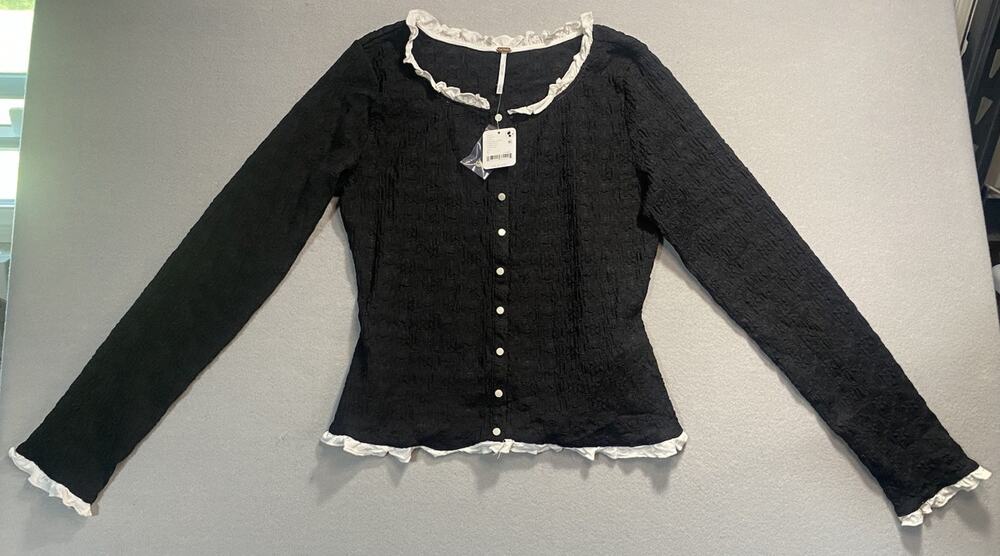 Free People Black White Victorian Maid Blackbird Ruffle Blouse Large Womens